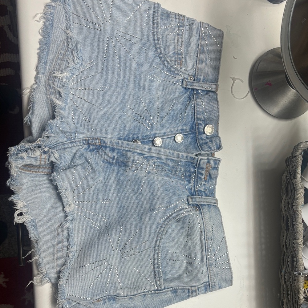 Zara Light Blue Studded Jean Shorts